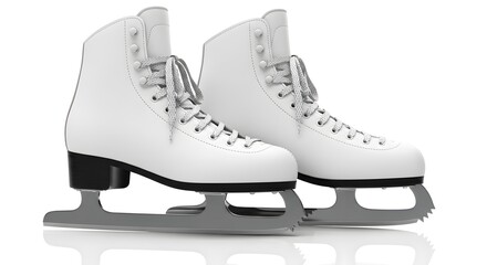 Elegant White Figure Ice Skates with Silver Blades on a Reflective White Background, Ready for Winter Sports and Recreation