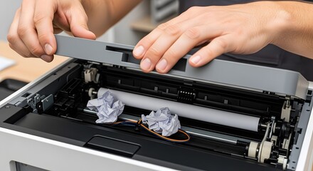 Hands opening a laser printer to remove crumpled paper, troubleshooting a paper jam in an office or home setting