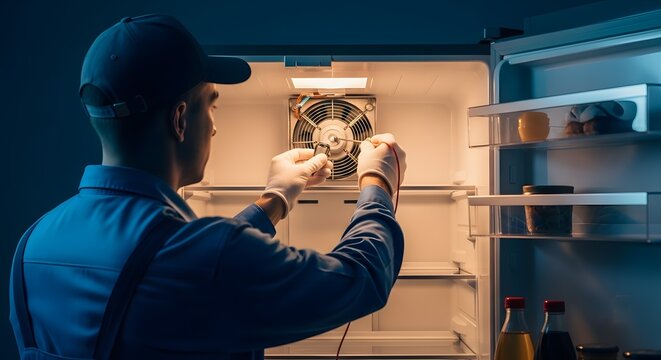 Professional Appliance Repairman Troubleshooting Domestic Refrigerator's Internal Fan Mechanism During Service Call