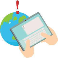 Hands Holding Digital Tablet With Keyboard Near Earth Globe Under Exclamation Mark Global Communication And Technology Concept