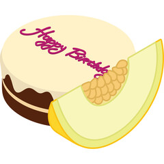 Happy Birthday Cake Slice With Cantaloupe Fruit Topping And Purple Icing Text On White Background Studio Shot