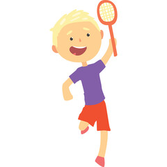 Happy Blond Boy With Tennis Racket Playing Badminton Outdoors During Daytime Full Body Shot