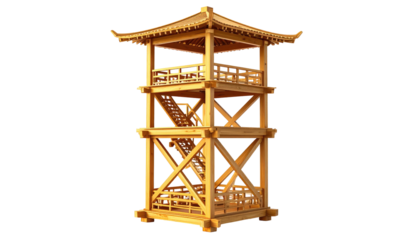 Ornate, golden-toned wooden tower with tiered levels and peaked roof, standing against a dark background