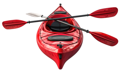 Bright red kayak with crossed paddles, viewed from directly above, sits on black background