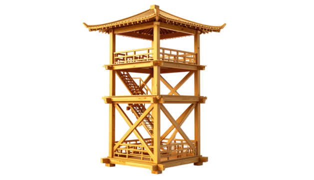 Ornate, golden-toned wooden tower with tiered levels and peaked roof, standing against a dark background