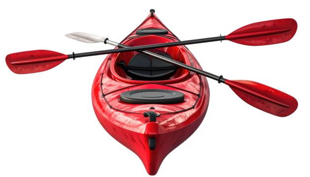 Bright red kayak with crossed paddles, viewed from directly above, sits on black background