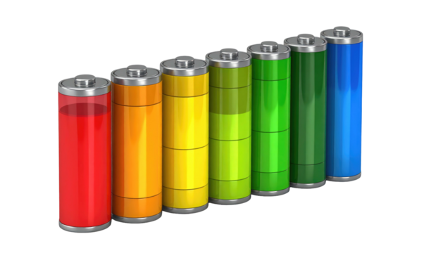 Rainbow-colored battery charge levels displayed in a row against a dark background indicating energy capacity