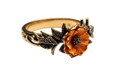 Ornate gold ring with an enameled orange flower and dark leaves on a black background