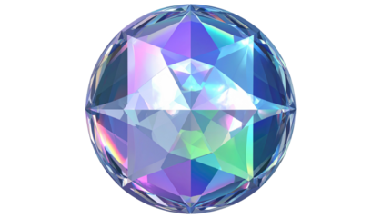 Iridescent faceted orb on black, reflective facets catching colorful hues of blues, pinks, and greens