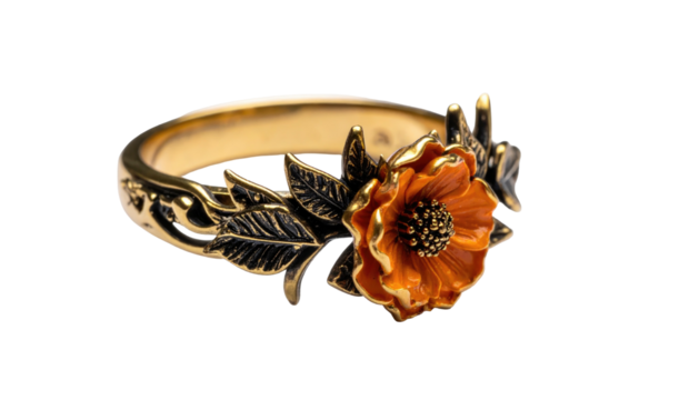 Ornate gold ring with an enameled orange flower and dark leaves on a black background