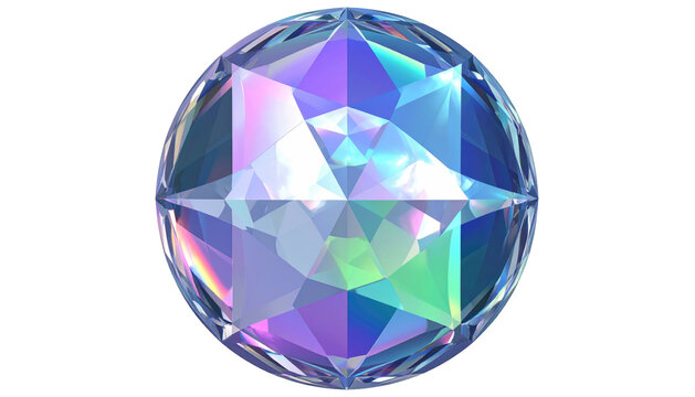 Iridescent faceted orb on black, reflective facets catching colorful hues of blues, pinks, and greens