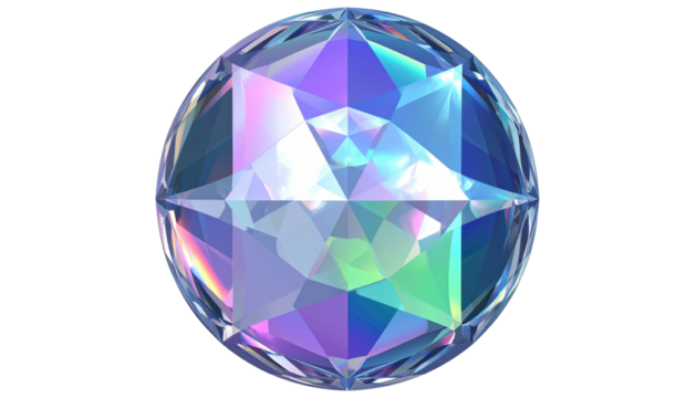 Iridescent faceted orb on black, reflective facets catching colorful hues of blues, pinks, and greens