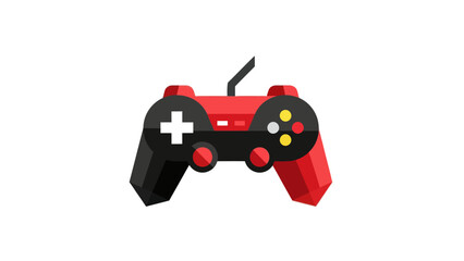 A flat-design video game controller in red and black with buttons, a joystick, and a white background
