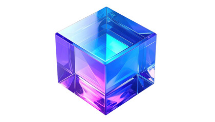 Translucent cube with internal planes reflecting gradient hues of blue and violet against a stark black background