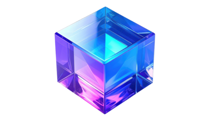 Translucent cube with internal planes reflecting gradient hues of blue and violet against a stark black background