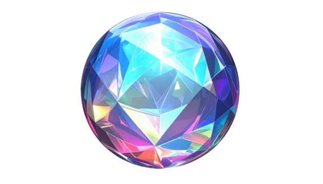 Faceted iridescent sphere glows with blues, purples, pinks, and teals. Isolated on black - Powered by Adobe
