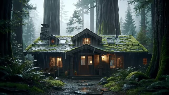 Cinematic zoom out reveals rustic rain-soaked wooden cabin in ancient forest with warm interior glow