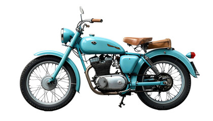 Obraz premium A light blue vintage motorcycle with brown seat stands against a black background