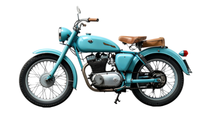 A light blue vintage motorcycle with brown seat stands against a black background