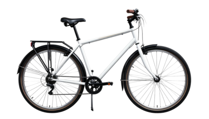 Crisp white bicycle with brown handlebar grips, set against a solid black backdrop, offering a clean, simple aesthetic