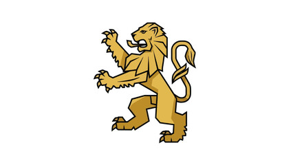 A regal lion depicted in a heraldic style, standing in profile on a white background