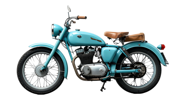 A light blue vintage motorcycle with brown seat stands against a black background