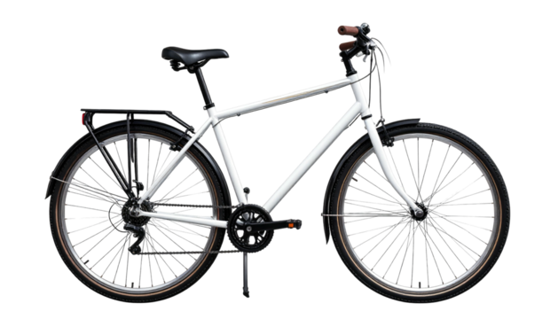 Crisp white bicycle with brown handlebar grips, set against a solid black backdrop, offering a clean, simple aesthetic