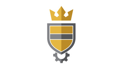 A crown rests above a shield design, with a gear below. Uses gold and gray