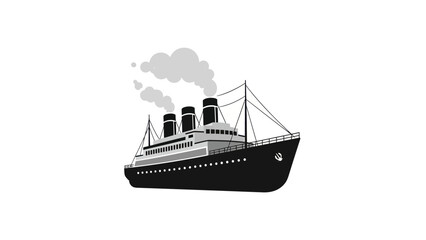 Obraz premium Black and white illustration of a classic passenger steamship, with smoke, on a white background