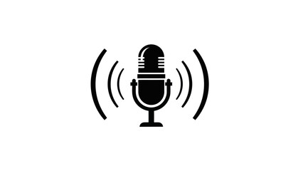 A simple, minimalist black and white icon depicting a classic microphone with sound waves