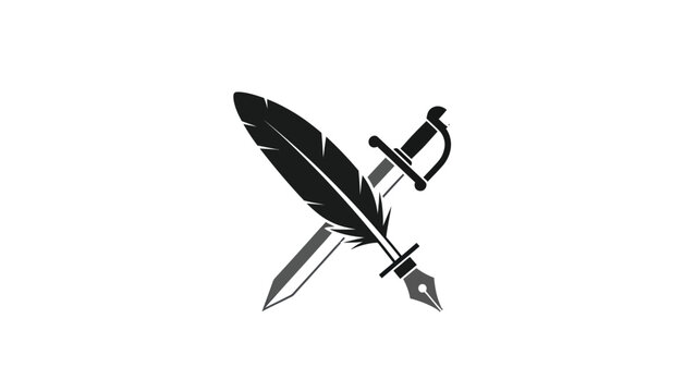 A crossed sword and a quill pen with a large feather, symbolic of writing and conflict