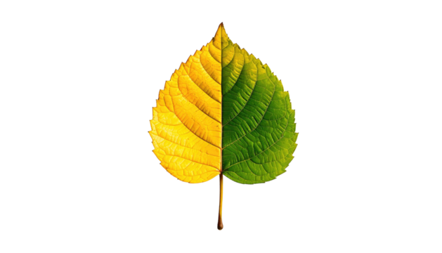 Leaf, half yellow, half green, veined texture, pointy tip, against a stark black background, symmetrical balance