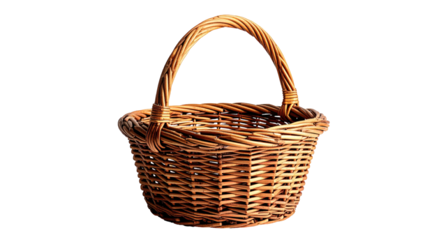Woven brown basket with a handle, sitting in soft light against a black background, showcasing its texture