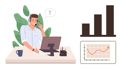 A professional wearing a headset interacting on a call while working on a computer with analytics charts nearby. Ideal for customer service, communication, analytics, teamwork, remote work, business