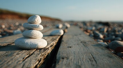 Stacked White Stones On Wooden Plank Beach