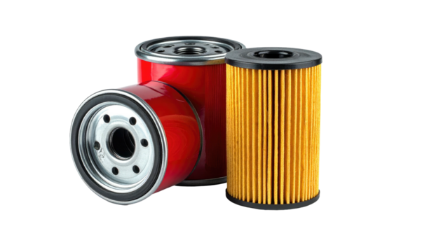 Three cylindrical oil filters sit, red and gold, against a stark black backdrop, creating high contrast
