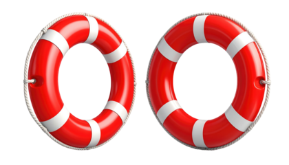 Two red-and-white life preservers on a dark background, showing the bright color and texture of the safety equipment