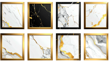 Collection of framed marbled patterns with gold veining, in a square format presented in a grid layout
