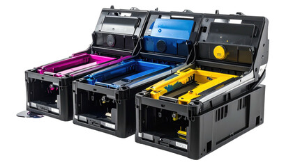 Three black printer ink cartridges filled with magenta, cyan and yellow, angled view, in a clean studio setting