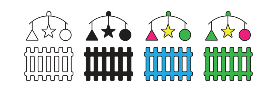 Baby playpen icon with mobile toy, symbolizing infant safety enclosure, nursery, childcare, play area, and secured environment for children development.
