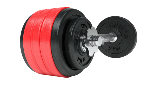 Red & black dumbbell with chrome handle on black background, angled. Shows weight plates and locking nut