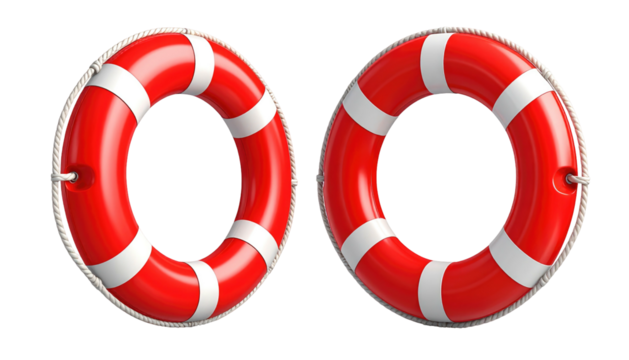 Two red-and-white life preservers on a dark background, showing the bright color and texture of the safety equipment