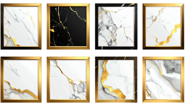 Collection of framed marbled patterns with gold veining, in a square format presented in a grid layout
