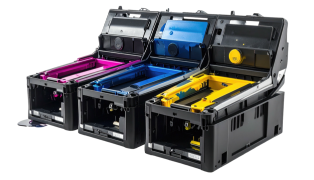 Three black printer ink cartridges filled with magenta, cyan and yellow, angled view, in a clean studio setting