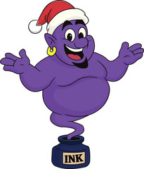 Cute Christmas Ink Genie wearing a Santa hat, cheerful cartoon character in festive style. Magical vector illustration perfect for holiday cards, stickers, t-shirts, and digital designs.