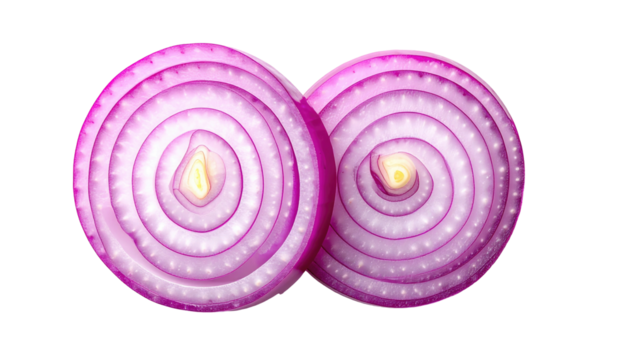 Two vibrant, sliced red onions, their concentric circles and pale yellow centers stark against a black backdrop