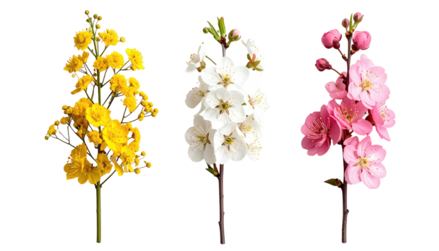 Trio of blooming flower sprigs; vibrant yellow, pristine white, and soft pink, isolated against stark black background