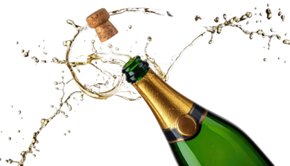 Champagne bottle bursting open, liquid splashes against a dark backdrop. Celebratory moment frozen in time