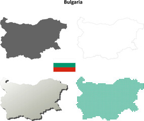 Bulgaria Outline Map Set with National Flag — Editable Vector of Bulgarian Borders and Dotted Map Design
