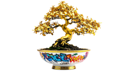 Ornate golden bonsai tree in a graffiti-adorned pot against a black backdrop, artful display of nature and urban style